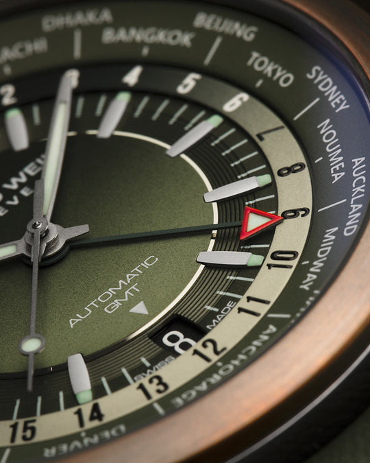 Freelancer Mens GMT Worldtimer Skinn / Grønn 41mm
