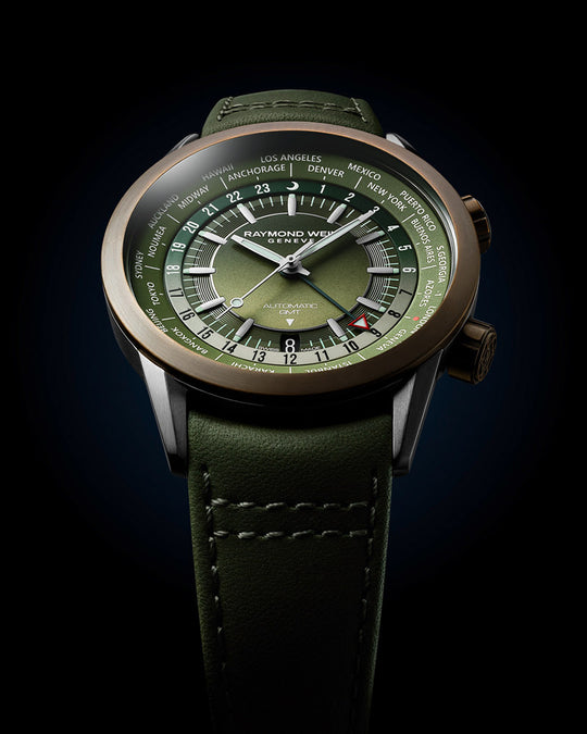 Freelancer Mens GMT Worldtimer Skinn / Grønn 41mm