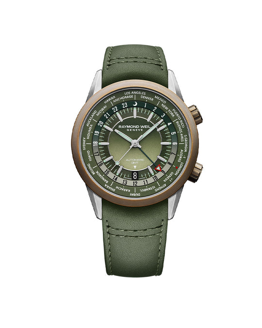 Freelancer Mens GMT Worldtimer Skinn / Grønn 41mm
