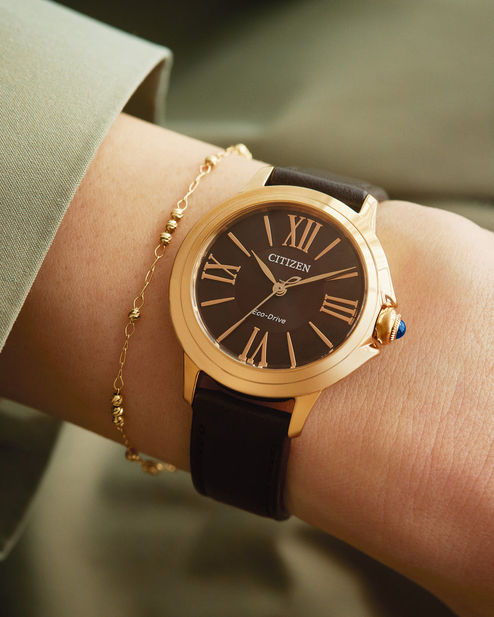 Citizen Ceci Eco-Drive dameklokke med brun rem, gullfarget stål (33mm)