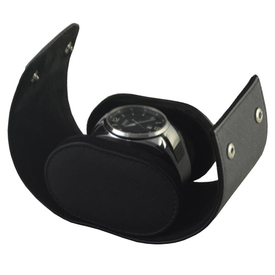 Klokkeboks til reise i sort PU-skinn, kryssmønster (1 klokke)