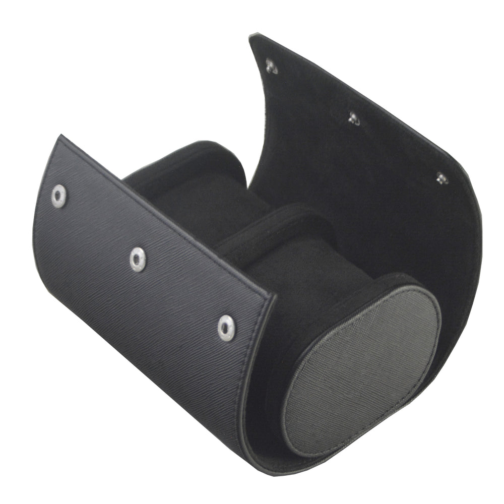 Klokkeboks til reise i sort PU-skinn, kryssmønster (2 klokker)