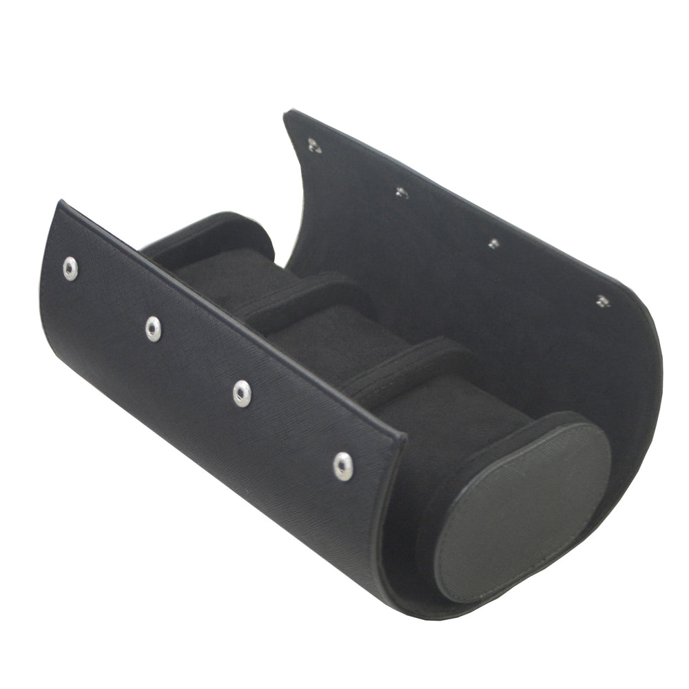 Klokkeboks til reise i sort PU-skinn, kryssmønster (3 klokker)