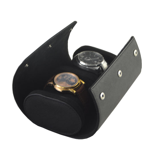 Klokkeboks til reise i sort PU-skinn, kryssmønster (2 klokker)