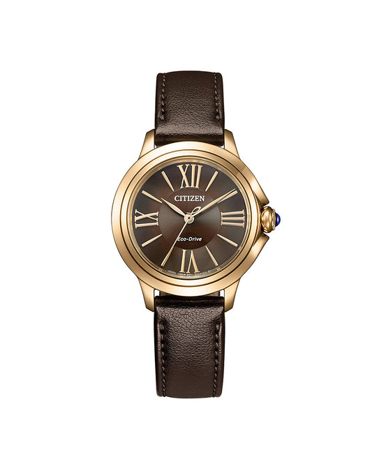 Citizen Ceci Eco-Drive dameklokke med brun rem, gullfarget stål (33mm)