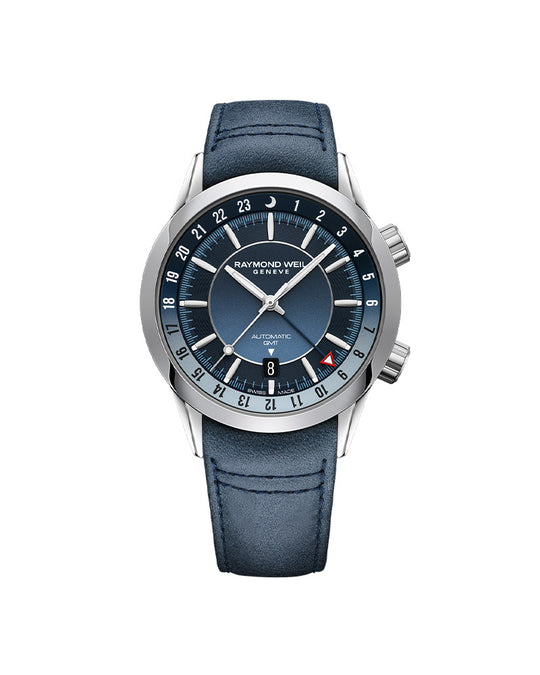 Freelancer Mens GMT Worldtimer Skinn / Blå 41mm
